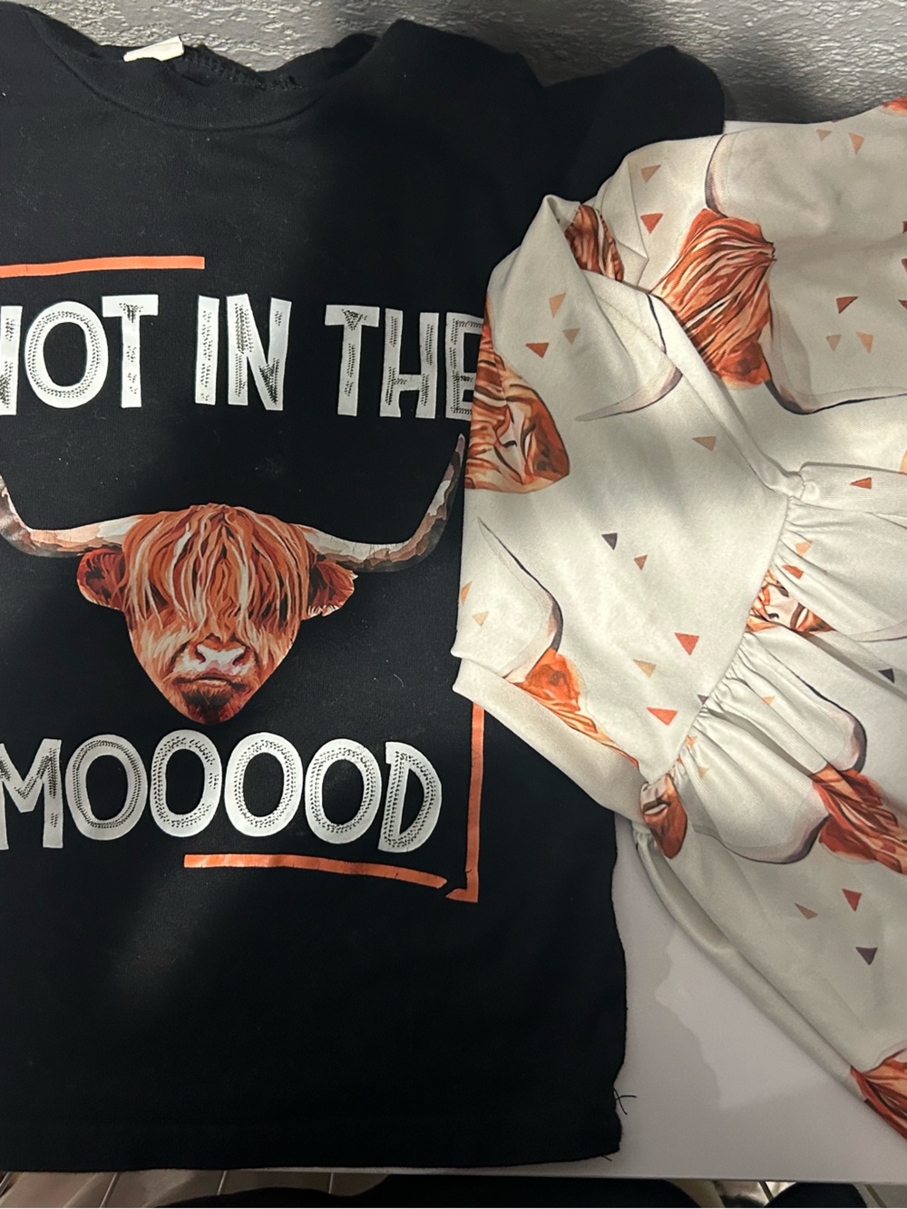 Kids Black Graphic Tee with Orange Highland Cow Print set size 2-3T